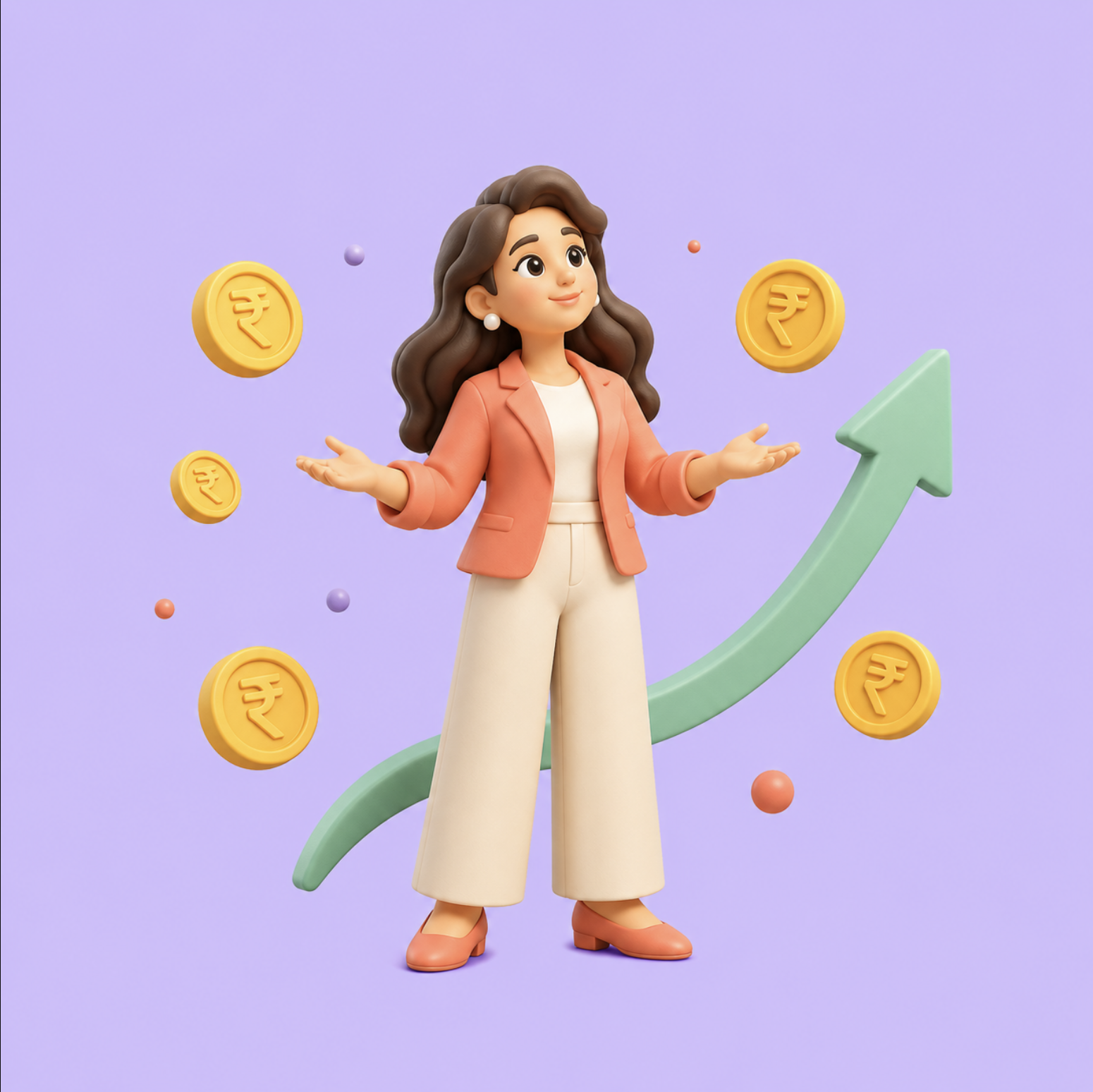 Woman with rupee coins and a rising green arrow