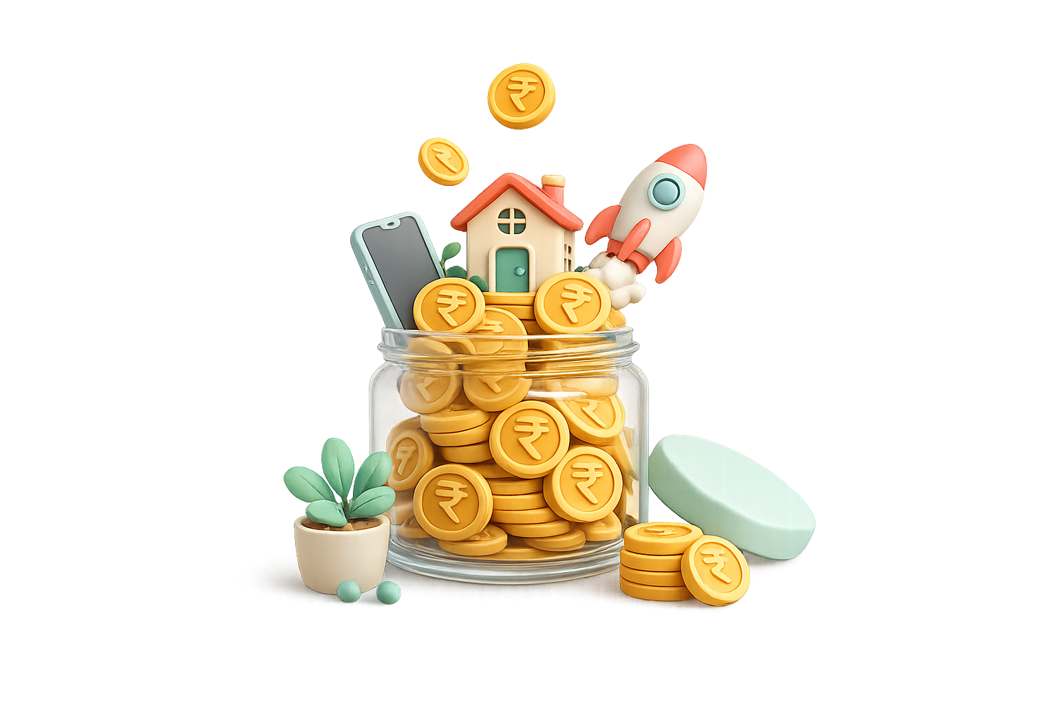 Jar of rupee coins with house, rocket and phone