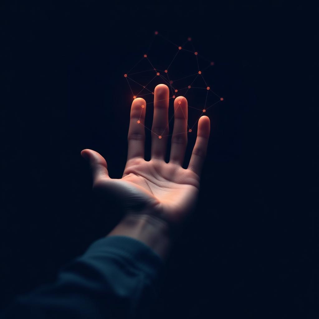 A hand reaching towards a glowing network of data points
