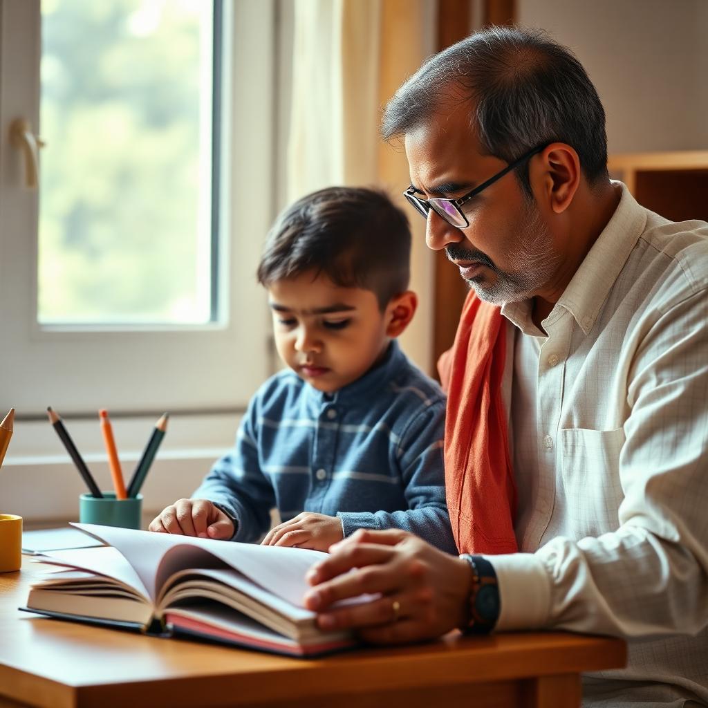A parent and young child reading together at a desk