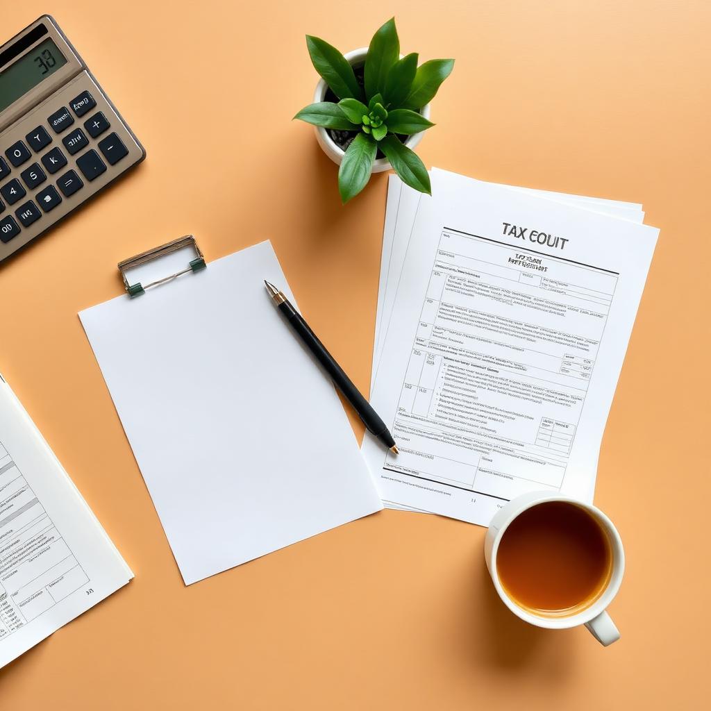 Tax planning documents, calculator and a cup of chai on a desk