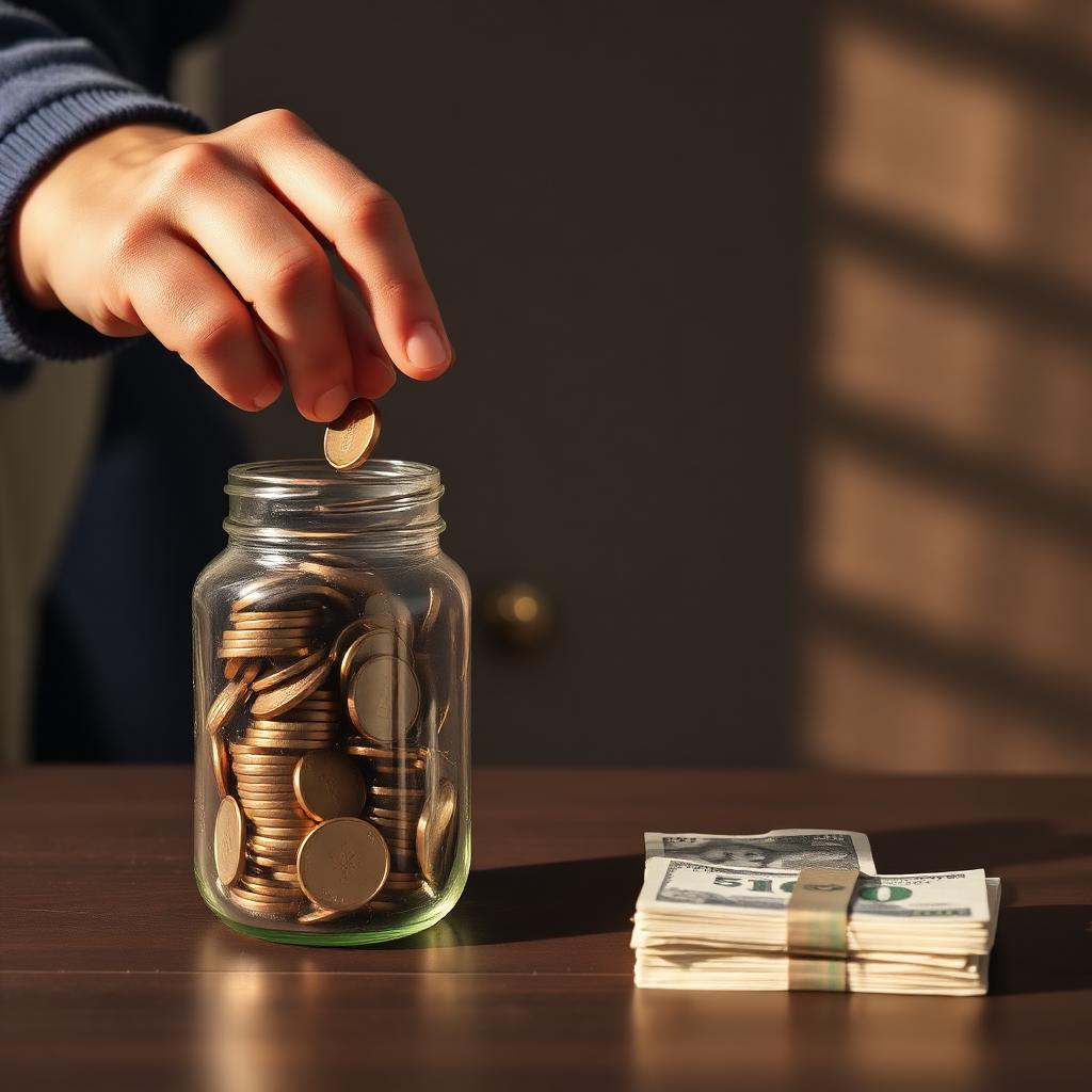 A hand placing a coin into a jar beside a stack of currency notes