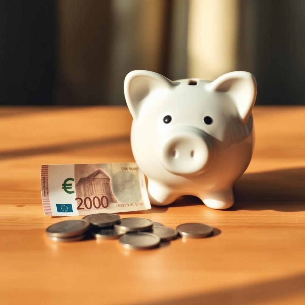A ceramic piggy bank beside a currency note and a few coins