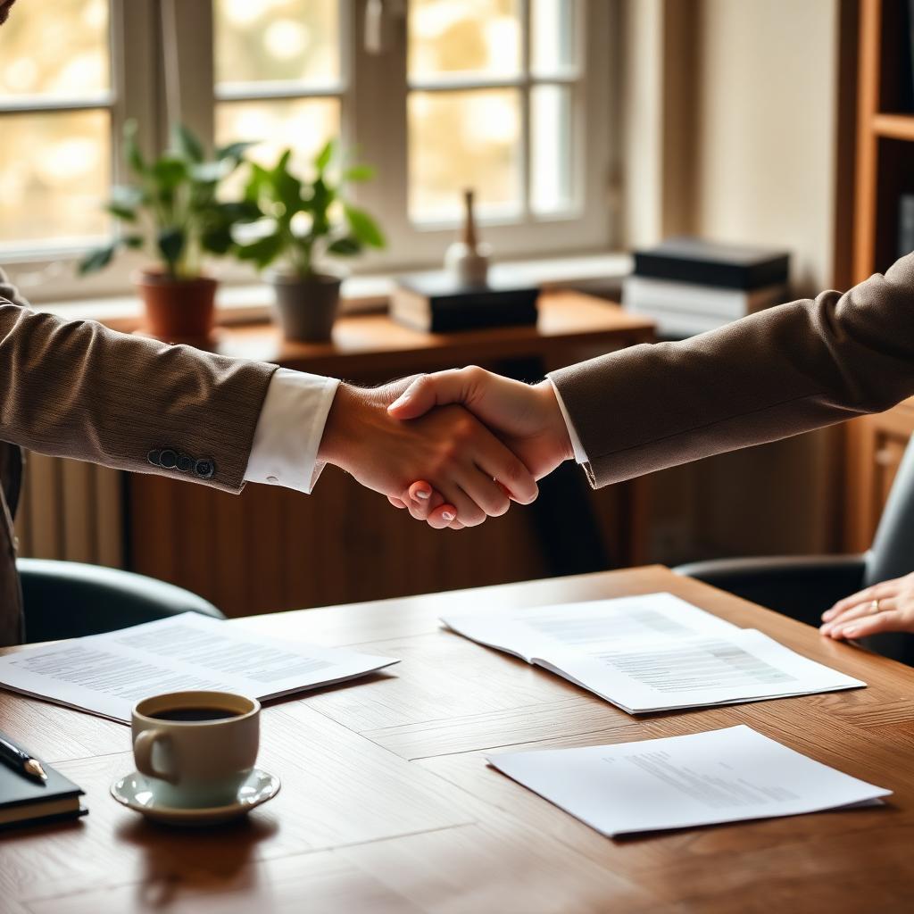 Two people shaking hands across a desk in a warm guiding office